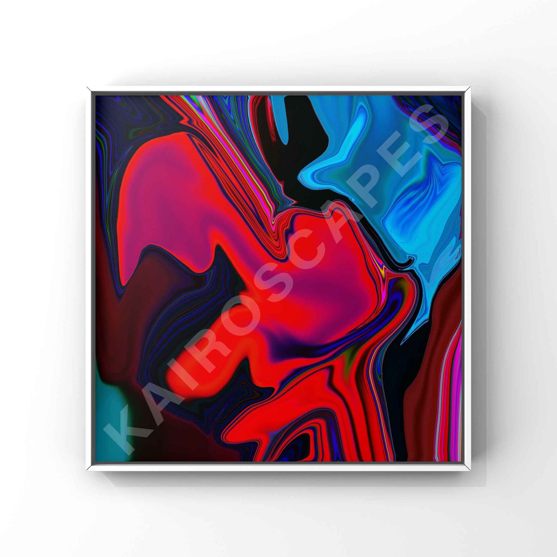 abstract composition with intense reds, blues, and blacks flowing together in fluid motion. the vibrant, wavy design gives off a sense of energy and movement, making it ideal for music covers in genres like electronic, industrial, and synthwave.