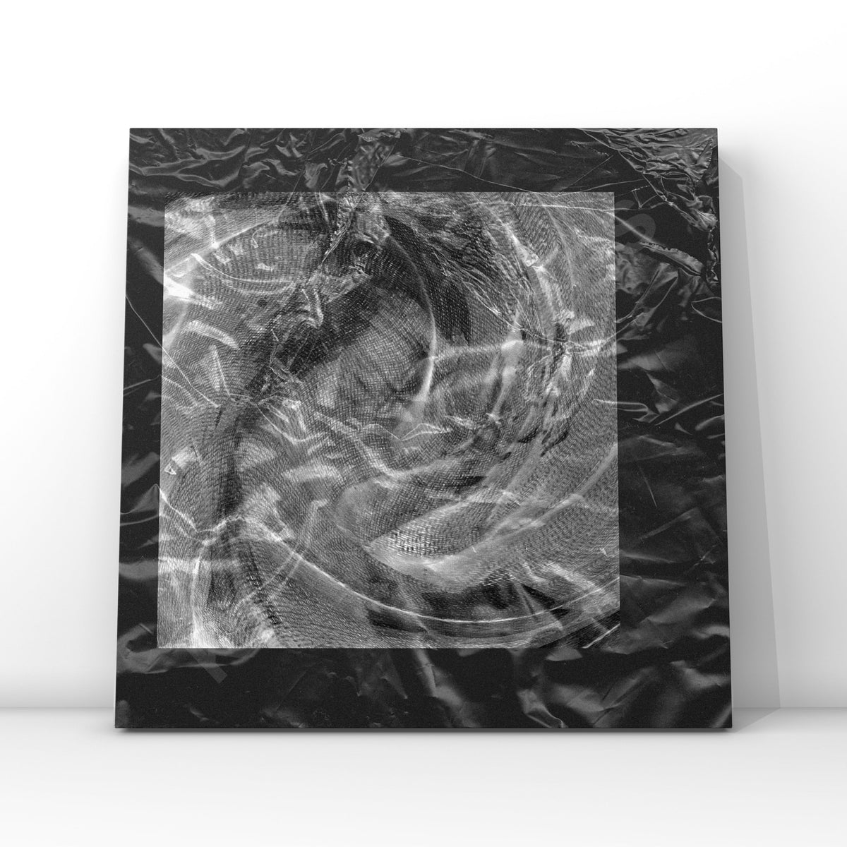 mockup of a vinyl record cover featuring striking black and white textural artwork, designed to attract musicians in search of sophisticated and visually engaging cover art.