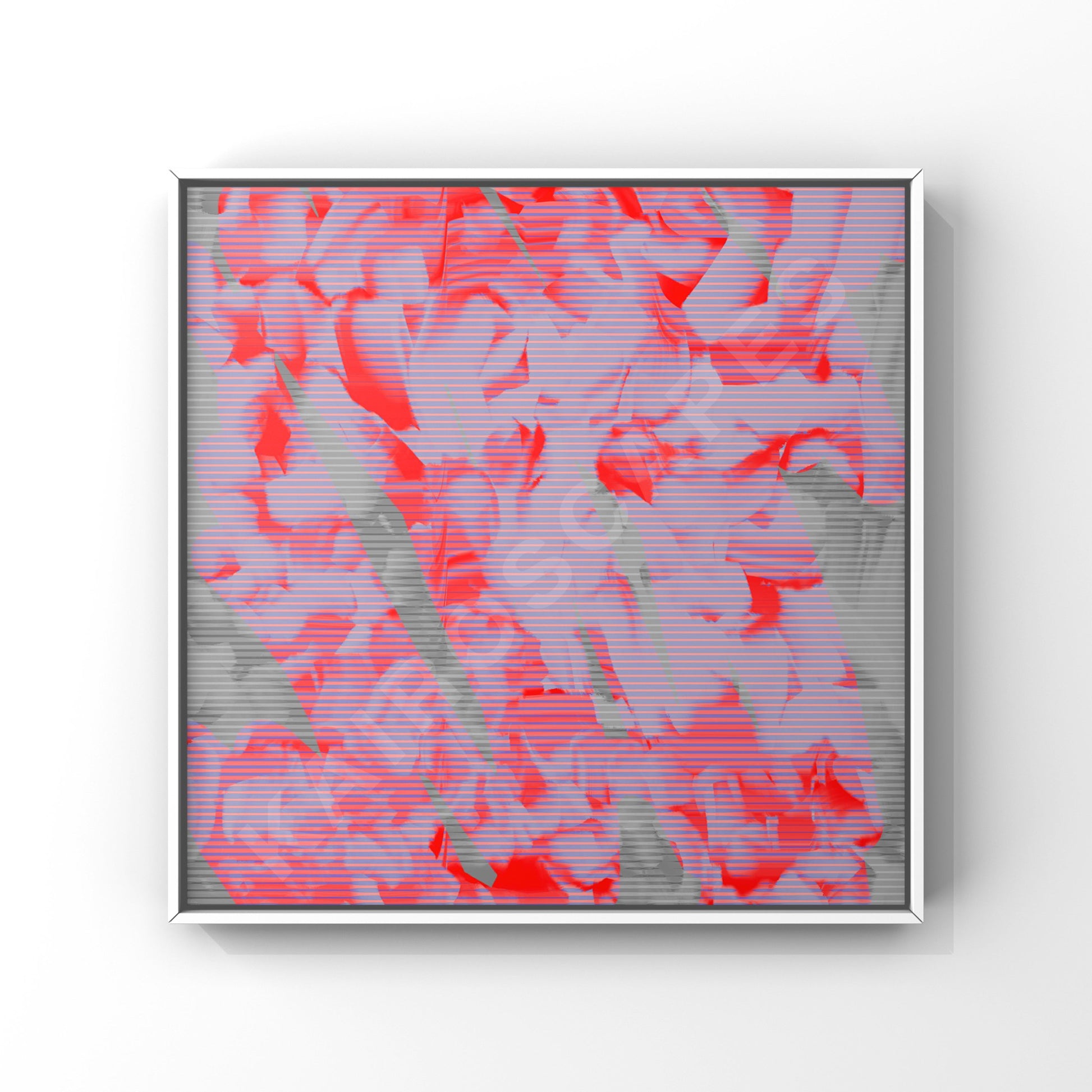mockup of a white-framed print showcasing an intricate floral cover art piece with neon pink and grey colors, appealing to musicians in need of distinctive cover art.