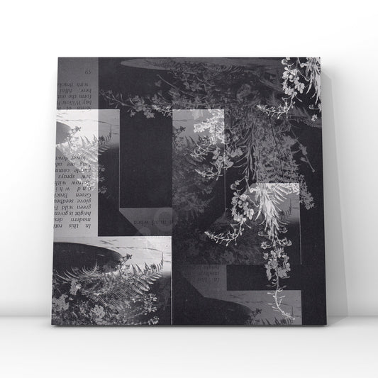 Mockup of a vinyl record cover featuring a captivating black and white vintage flower book collage with geometric layers, designed to attract musicians seeking an elegant and artistic cover design.
