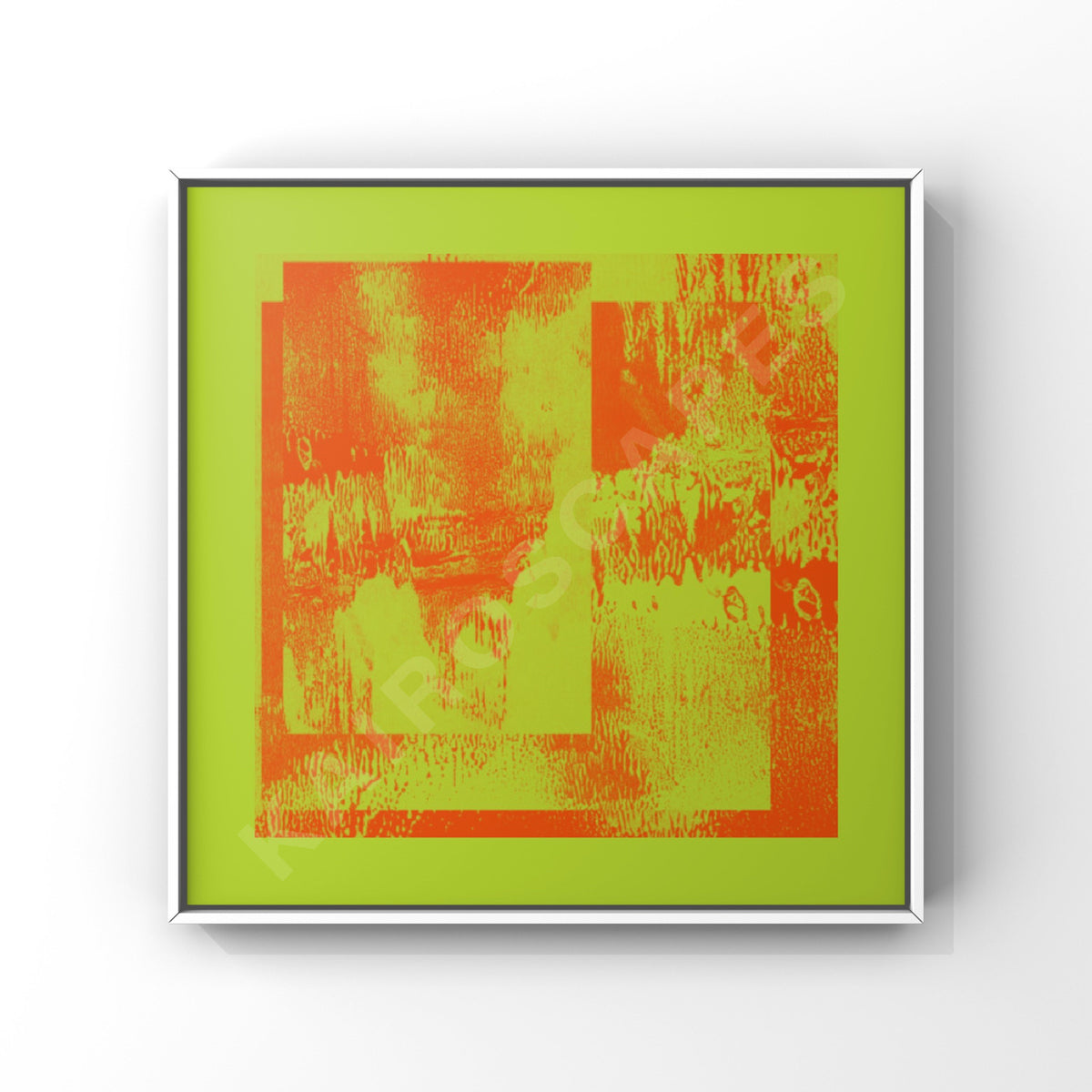 mockup of a white-framed print showcasing a dynamic monoprint collage with neon green and orange colors, appealing to musicians in need of distinctive cover art.