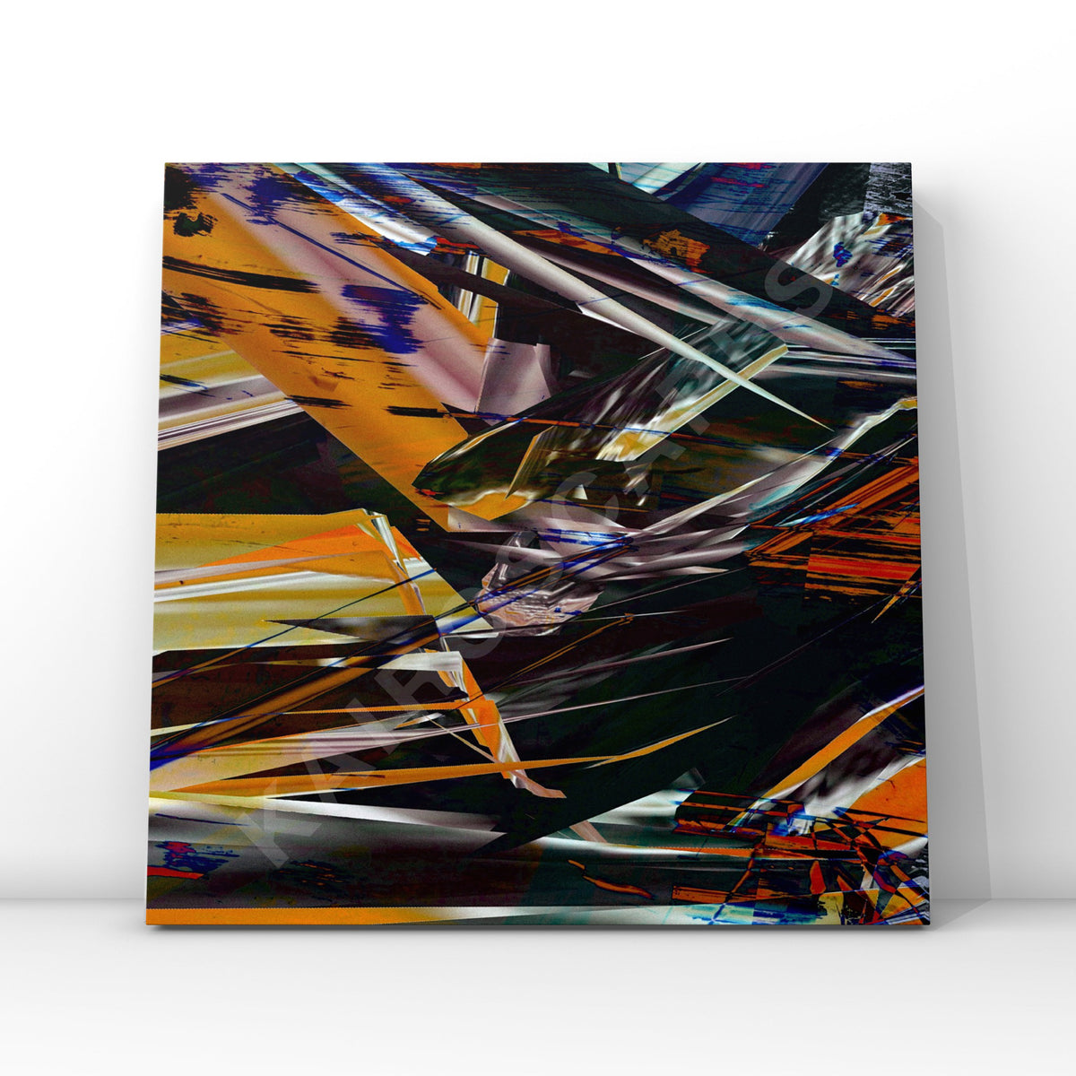 Mockup of a vinyl record cover showcasing futuristic jagged orange collage artwork, designed to attract musicians seeking bold and innovative cover art.